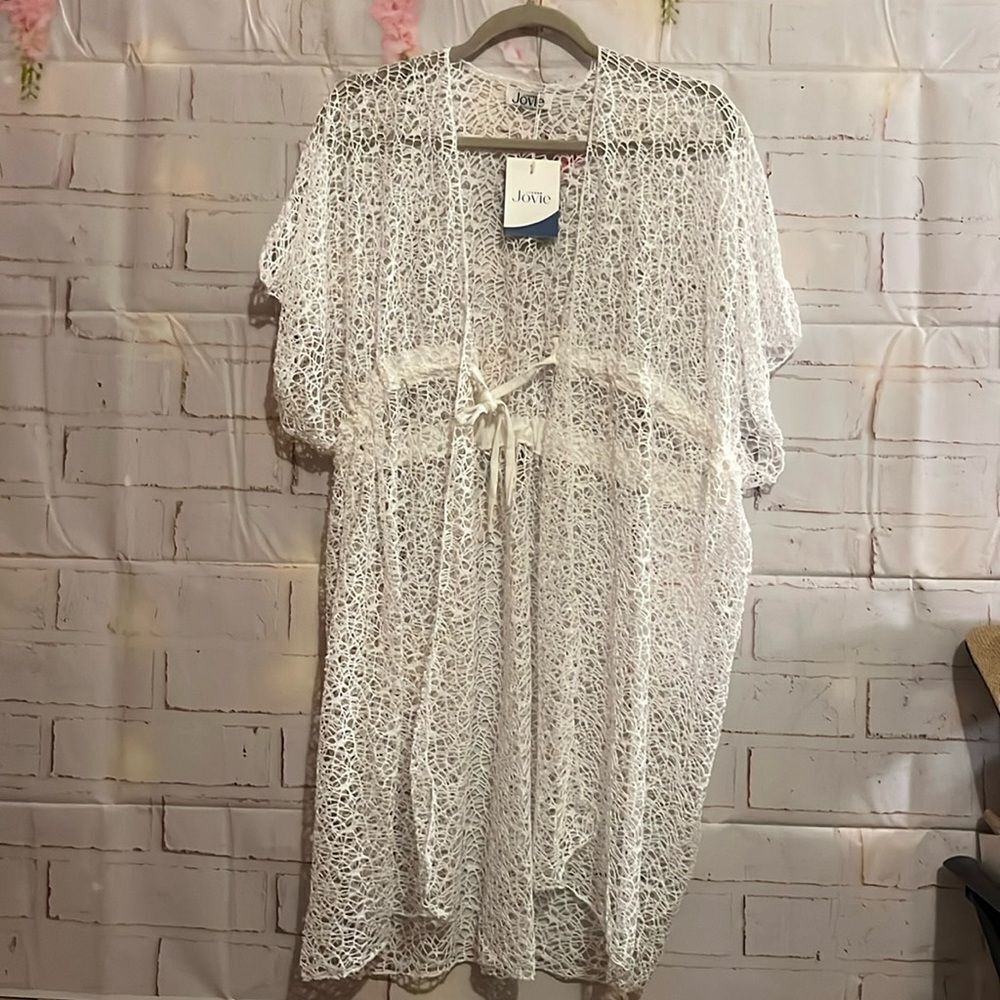 Jovie White Micro Lace Kimono Swimsuit Cover up with Drawstring Waist